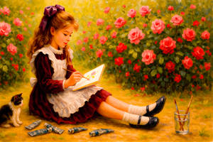 Young Woman Painting in a Rose Garden
