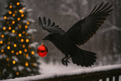 Crow Stealing a Christmas Ornament