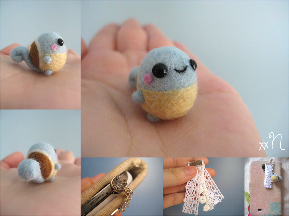Miniature Felted Squirtle Phone Charm
