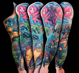 Xmen vs Hulk marvel comic tattoo sleeve