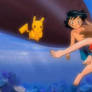 May Ash and Pikachu swimming