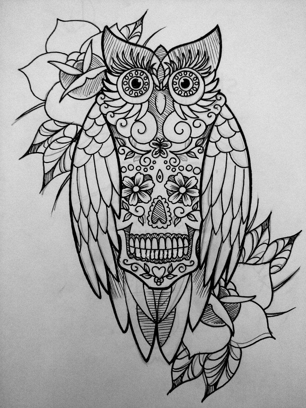 Sugar Skull and Owl Tattoo Design