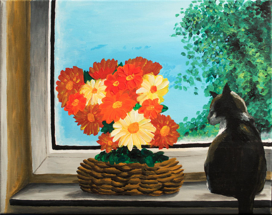 Cat On Windowsill With Orange Flowers