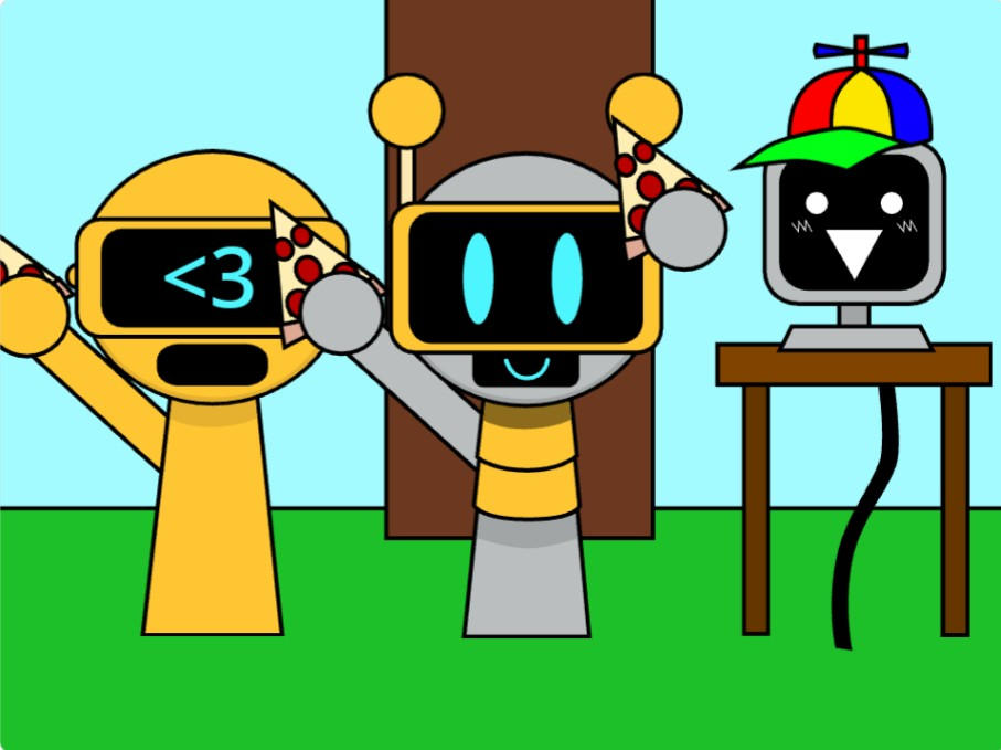 Garnold,Funbot, Mr fun computer enjoys their pizza by heelani on DeviantArt