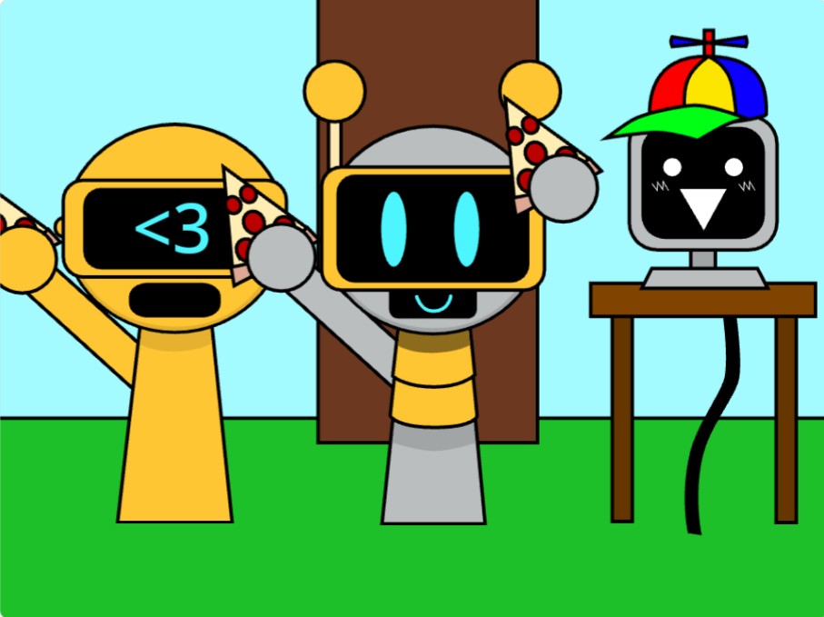 Garnold,Funbot, Mr fun computer enjoys their pizza by heelani on DeviantArt