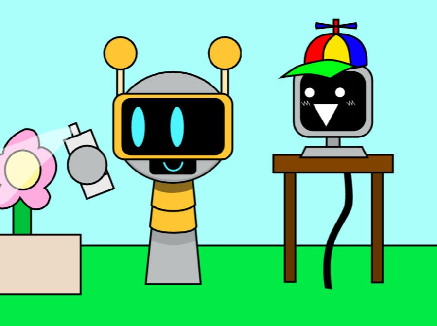Funbot sprays the flowers with the flower spray by heelani on DeviantArt