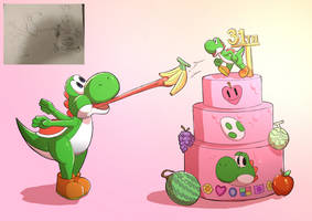 Yoshi Eating Birthday Cake