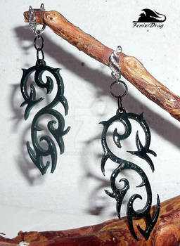 Earrings dark green Tribal-style of natural wood