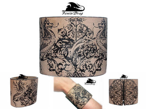 wide cuff bangle bracelet natural leather dragon