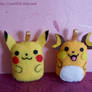 Pikachu and Raichu plushies