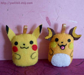 Pikachu and Raichu plushies