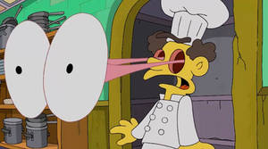 Unnamed chef sees itchy the blue mouse killed the chefs in his restaurant from the simpsons