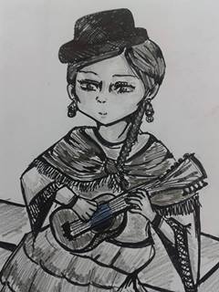 Cholita playing her charango: a closer look