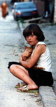 Homeless Russian girl with cat