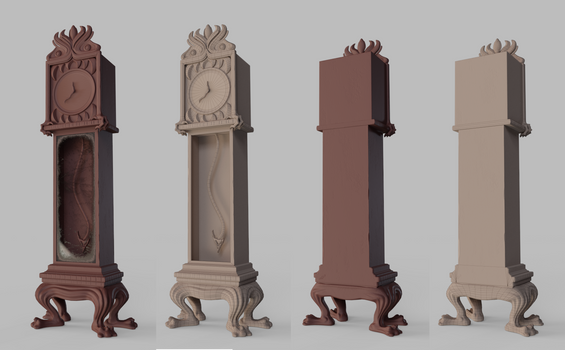 Grandfather Clock - Wireframe + Clay Render