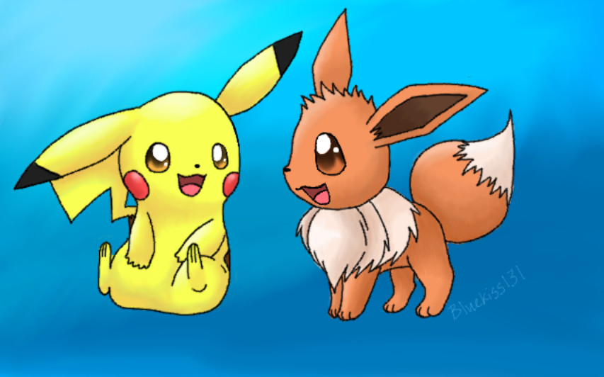 pikachu and eevee (pokemon and 1 more) drawn by pirosiki025