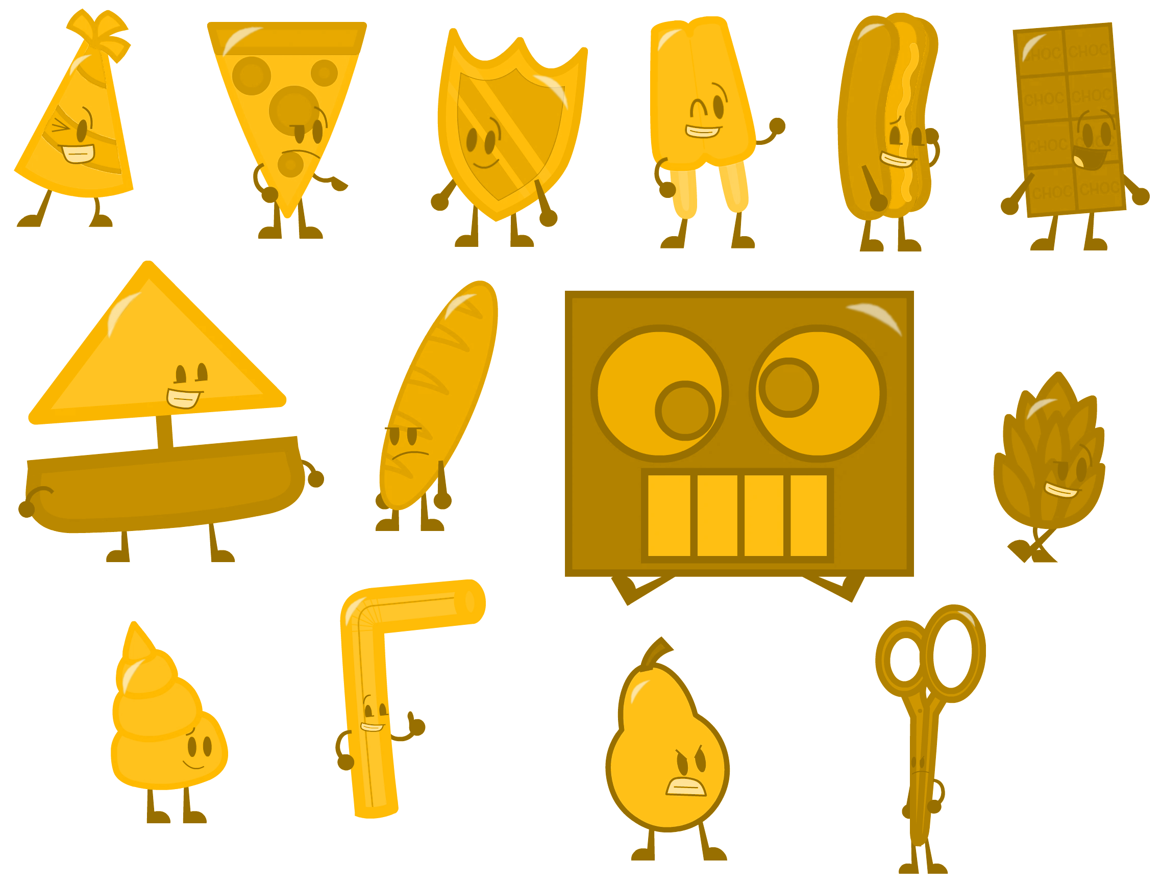 Brawl of the Objects Characters Gold Forms by alexiscurry on DeviantArt