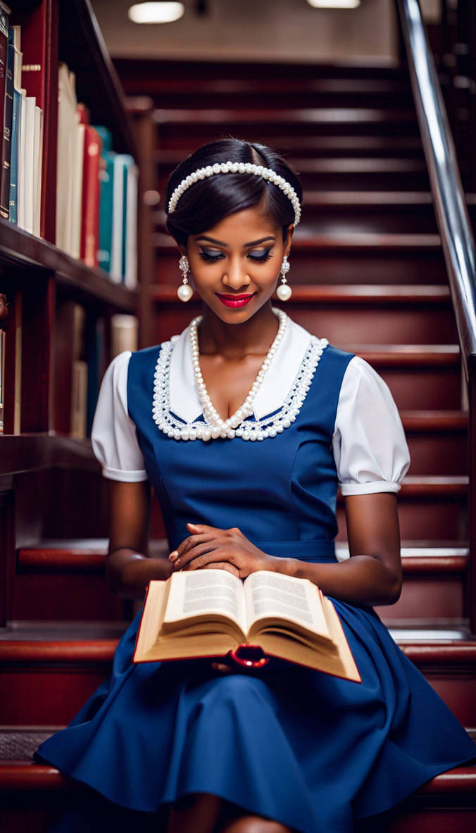 Pixie hair, white headband , dark skin, Alice dres