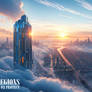 Neo CityScape. Sunrise over the new city.