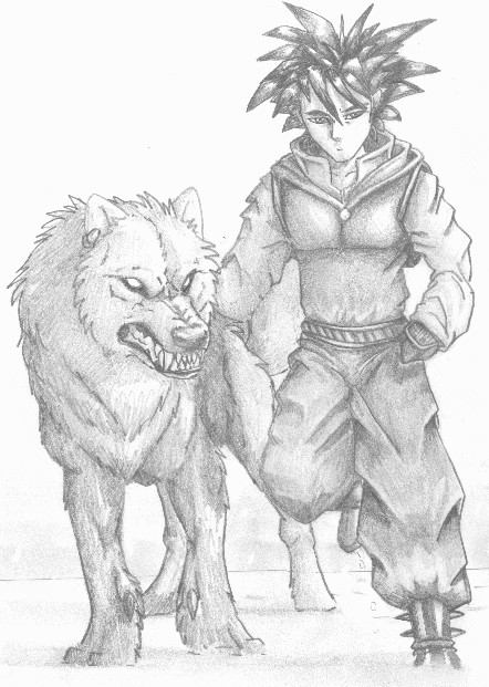 anime dude and wolf pet