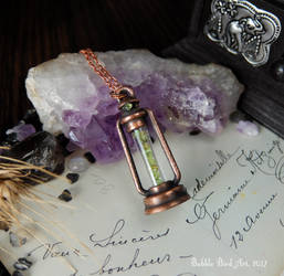 Electroformed gas lamp pendant with olivine