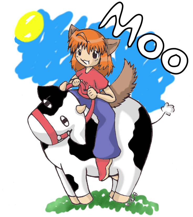 Alex riding a cow-colored