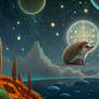 A hedgehog explorer navigating by a floating star