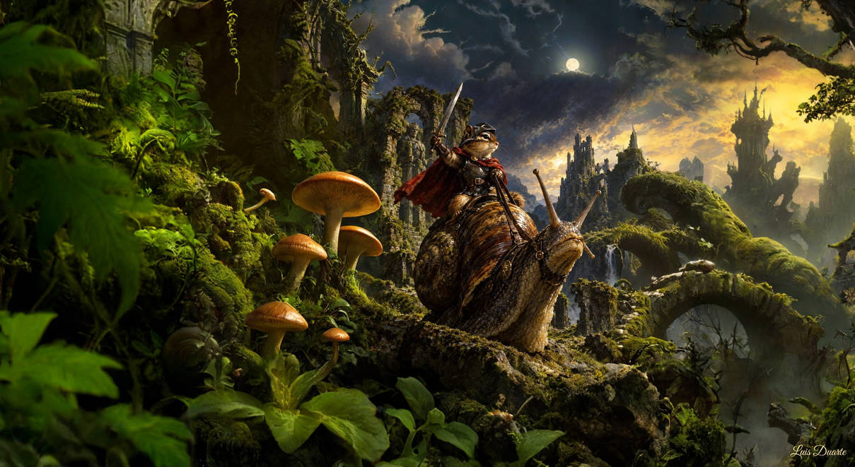 A chipmunk knight riding a snail