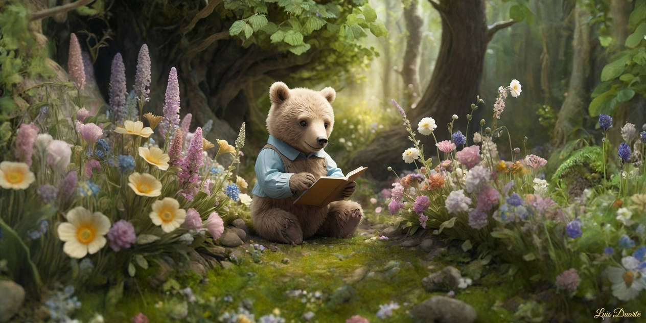 A bear cub botanist studying shimmering flowers, in the style of Beatrix Potter