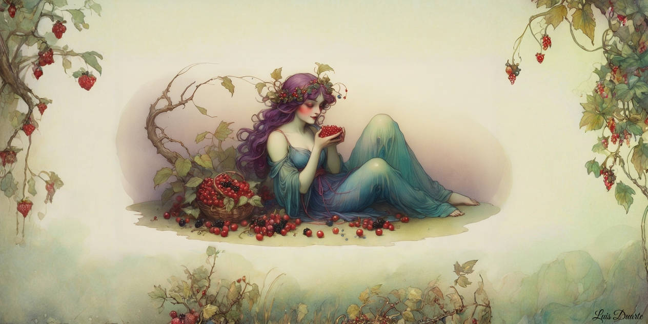 A fae tending glowing berry clusters, in the style of Warwick Goble