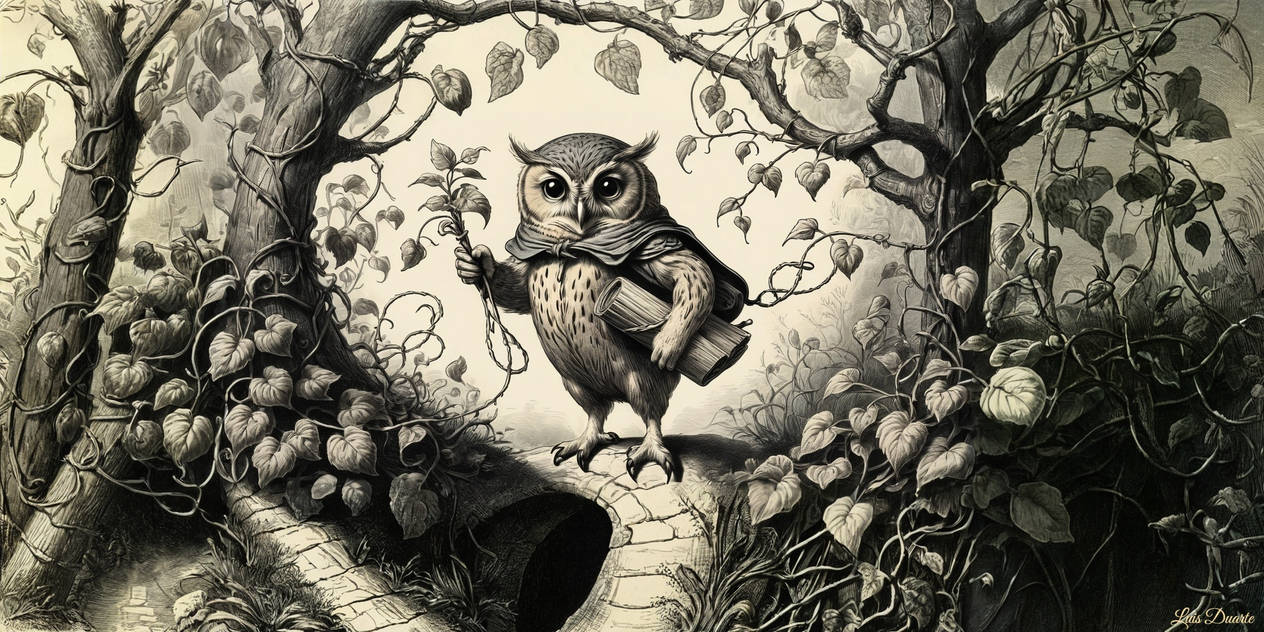 A tiny owl messenger delivering scrolls tied with vines, in the style of John Tenniel