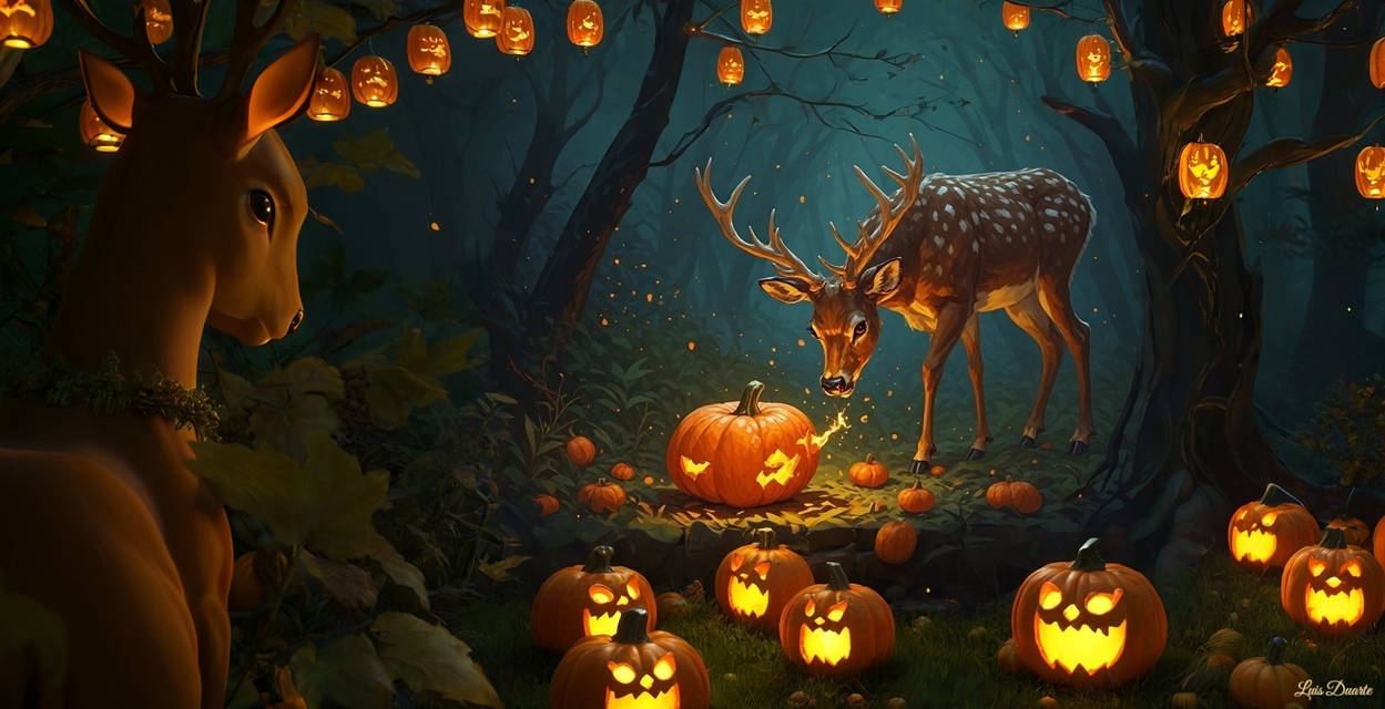 A deer spirit lighting tiny pumpkin lanterns