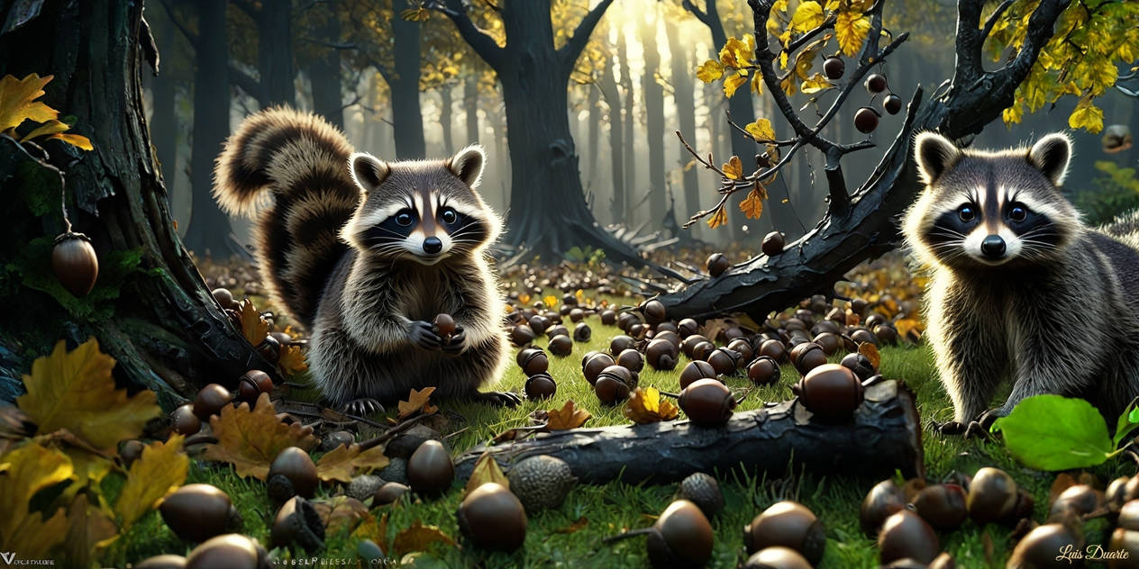 A raccoon gathering shiny acorns in a windy grove