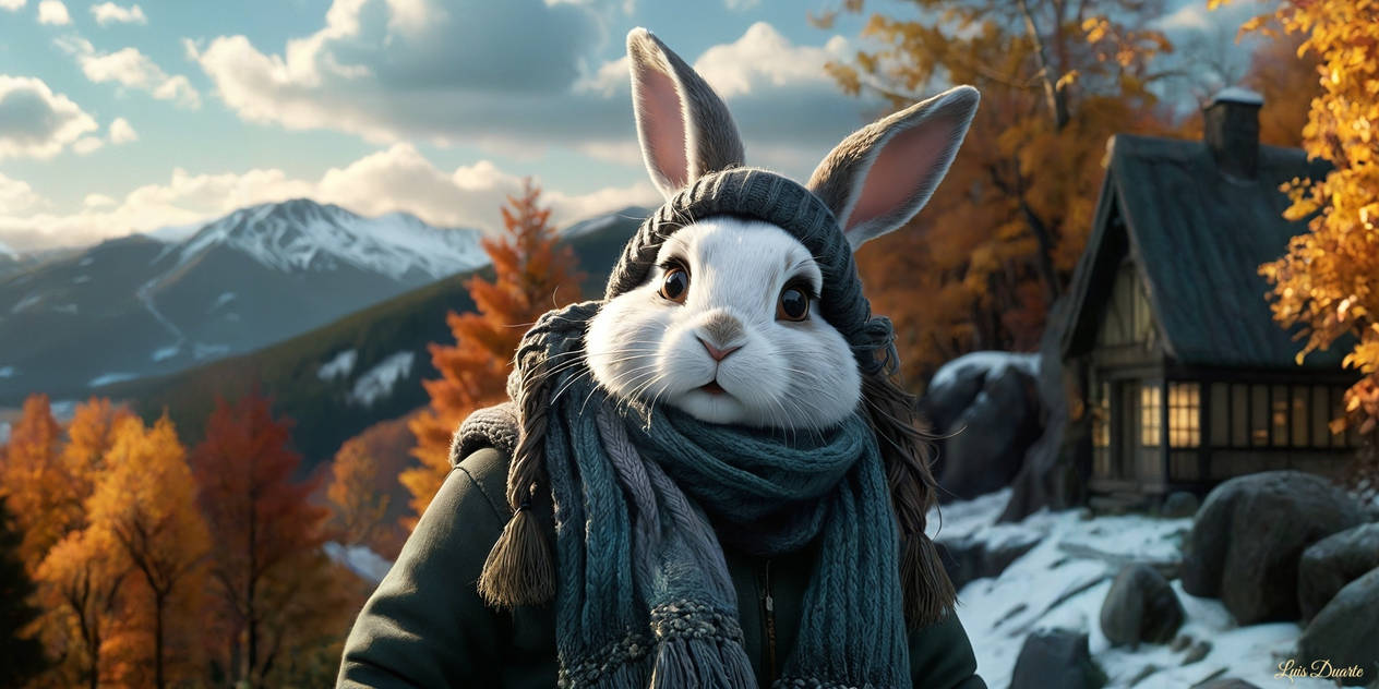 A bunny knitting scarves from autumn clouds