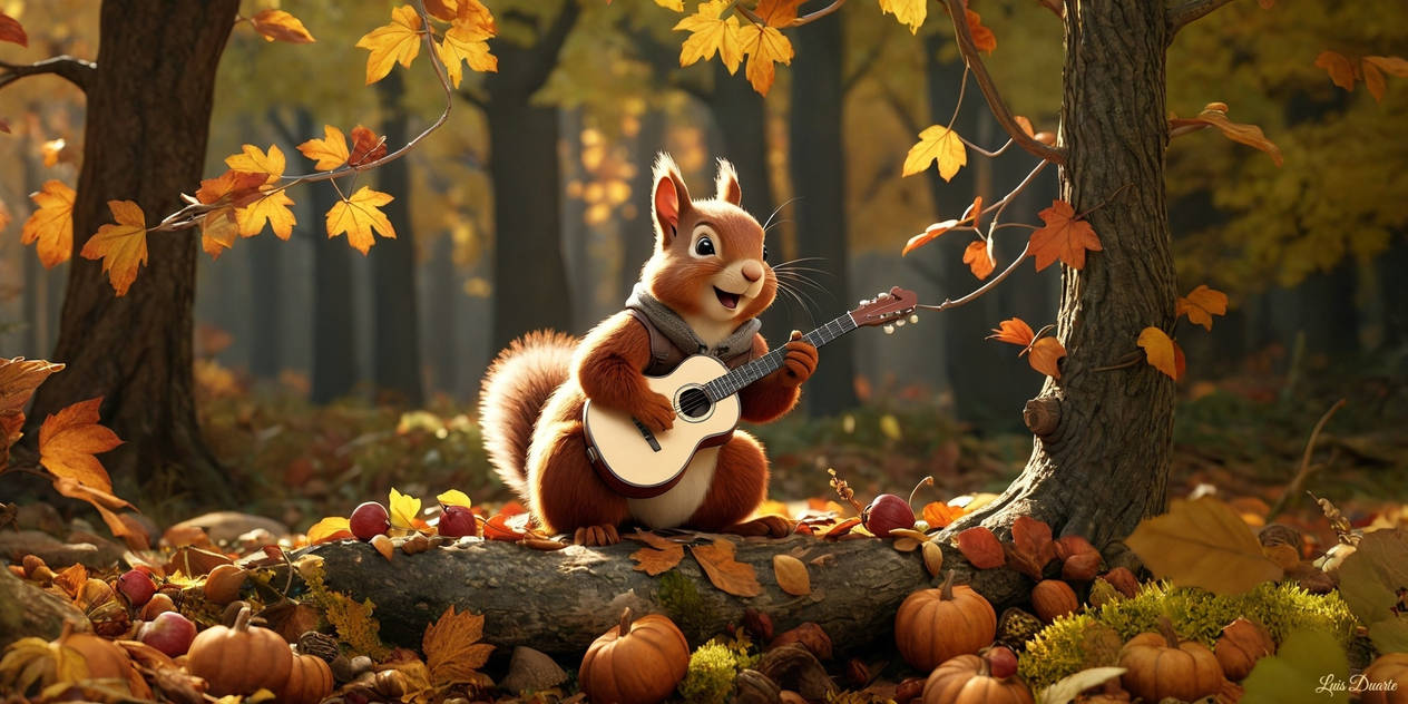 A squirrel bard singing autumn songs to the wind