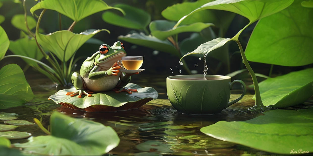 A frog sipping tea from a leaf cup on a breezy day