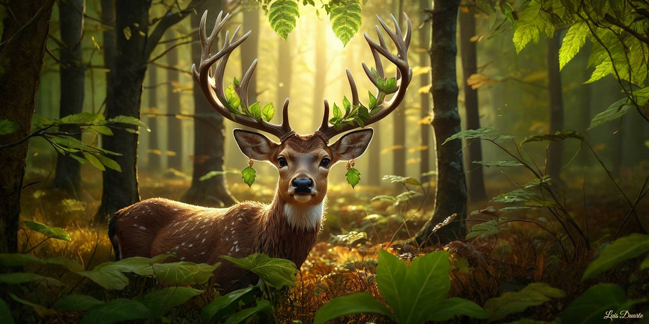 A deer with leaf‑woven antlers glowing softly
