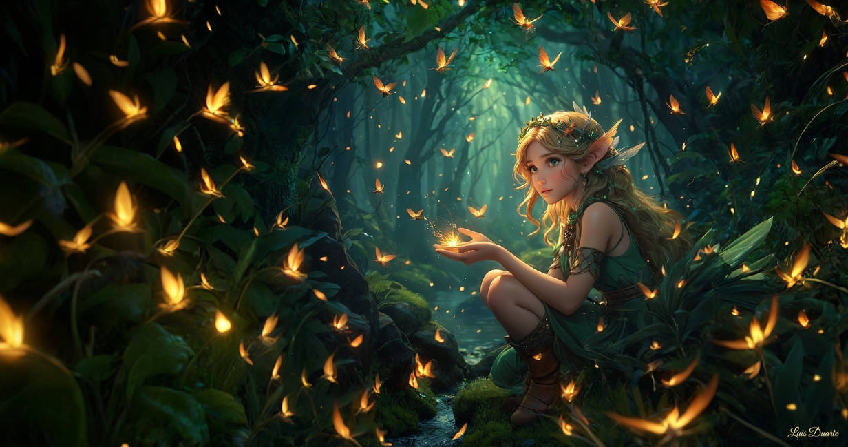 A fae guiding migrating firefliese