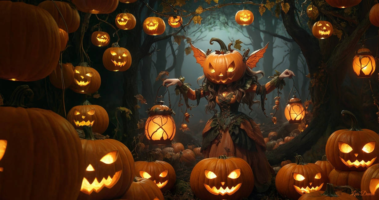 A pumpkin‑headed fae lighting lanterns