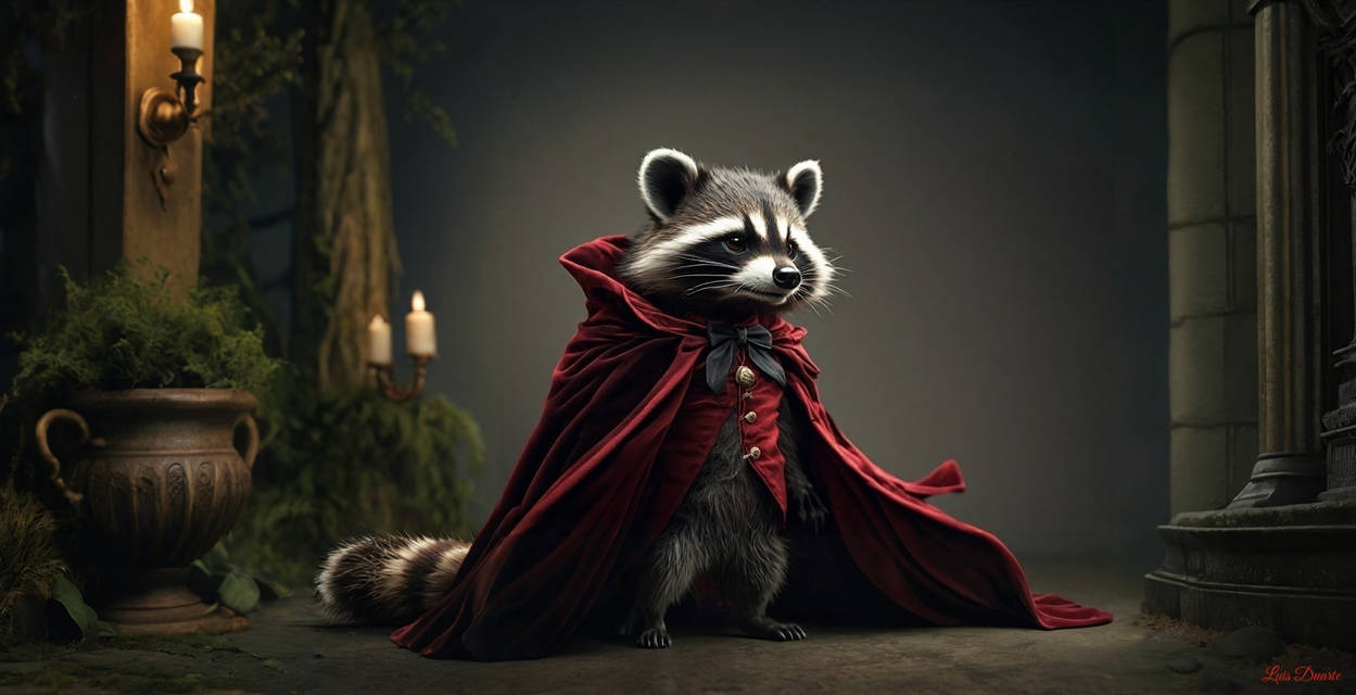 A raccoon vampire with a tiny velvet cape