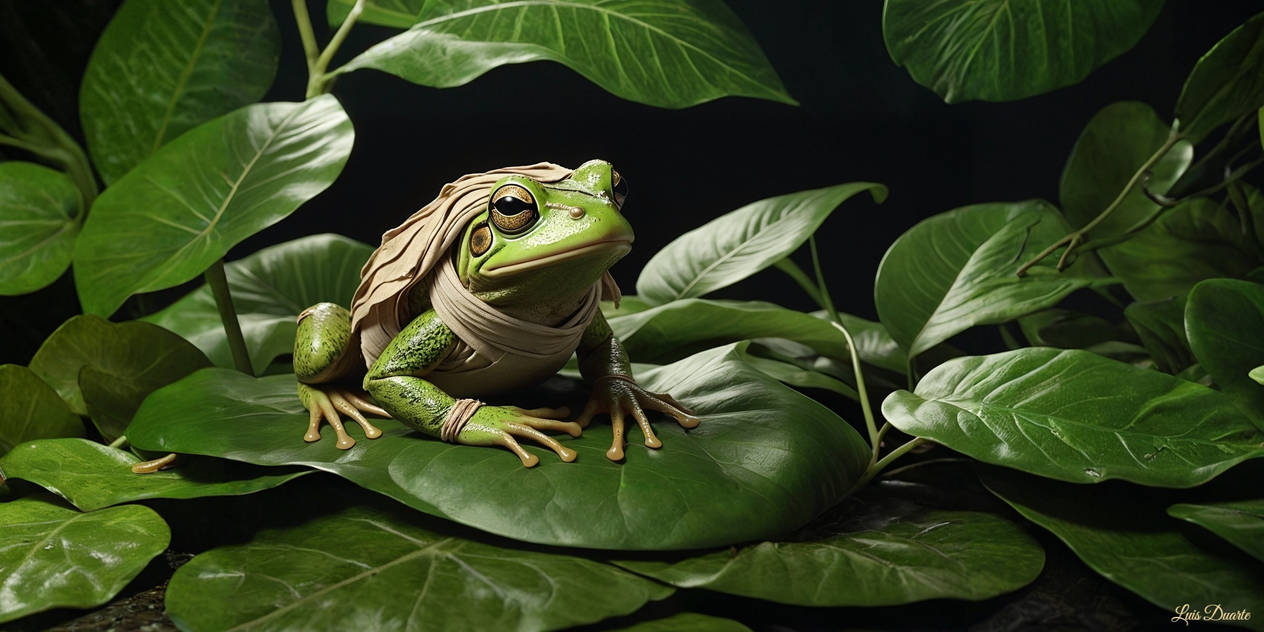 A frog mummy wrapped in leaf bandages