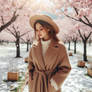 Young girl in the cherry blossom garden