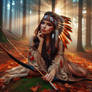 Girl American indian have a bow in forest