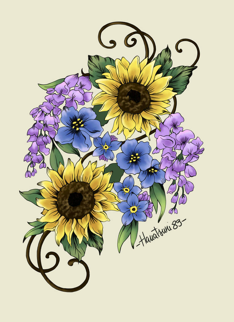 Sunflowers, Forget-me-not, Wisteria