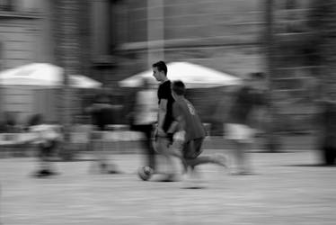 soccer in the city (black and white)