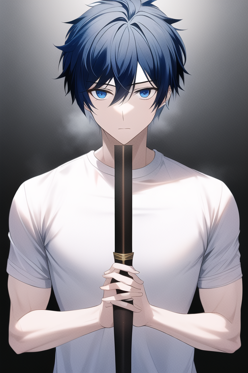 Cartoon character holding a sword with blue hair