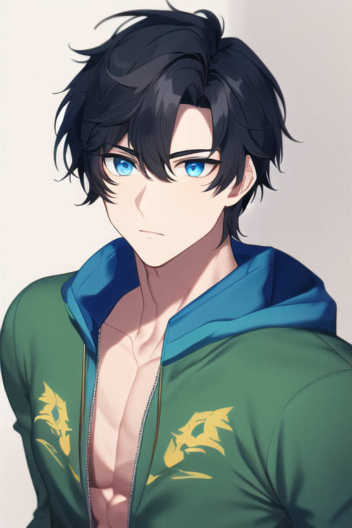 bleak-frog994: anime teenage male character in open jacket with muscles in  2d style