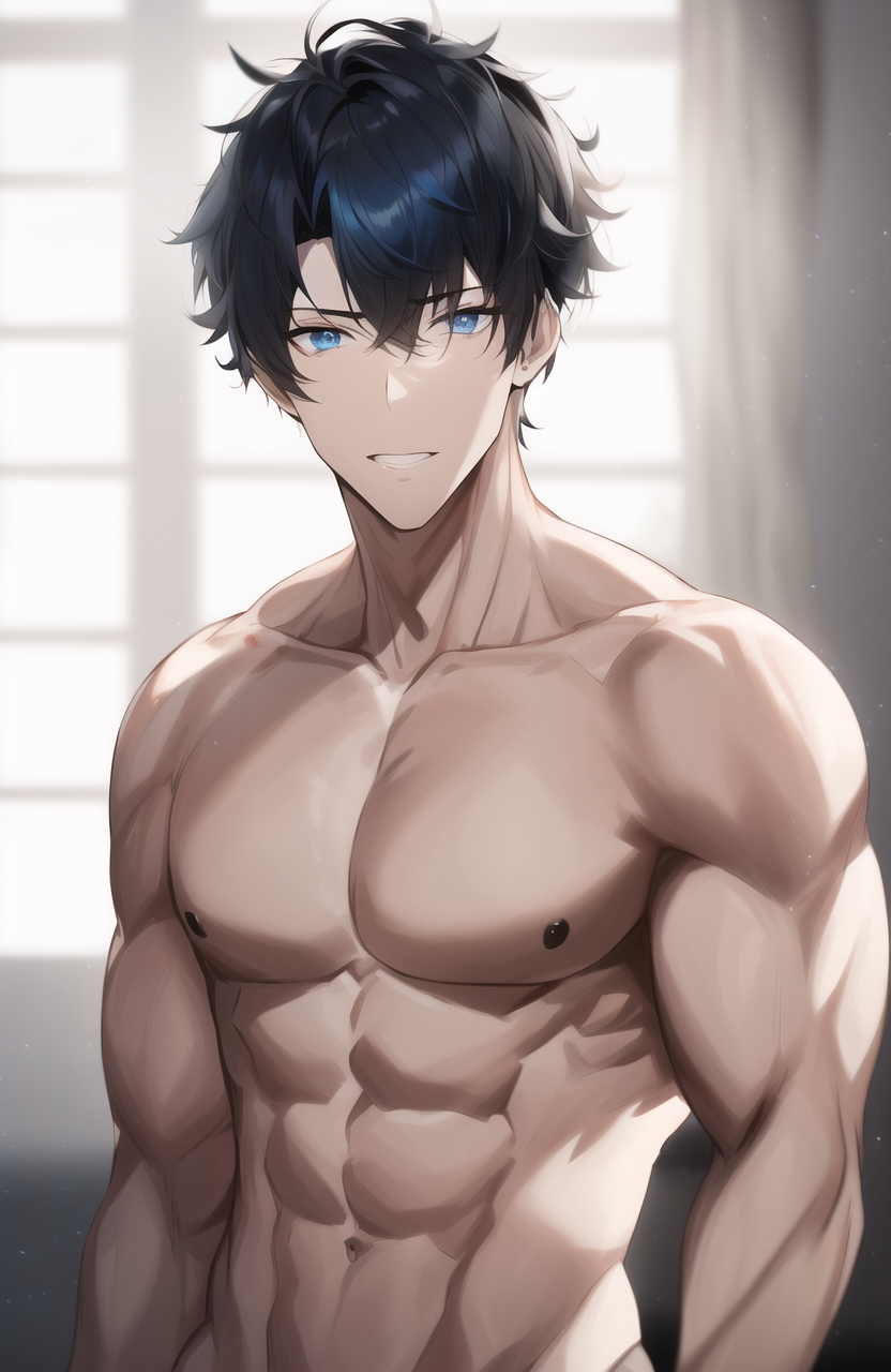 Male anime character with abs and muscles with a wine colour suit