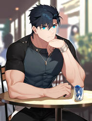 Muscular Young Adult Sano in Cafe