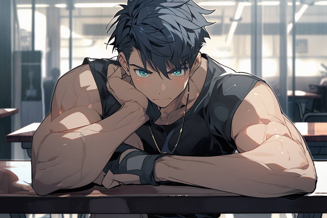 Muscular Anime Sano Sitting at Table Annoyed by NWAwalrus on DeviantArt